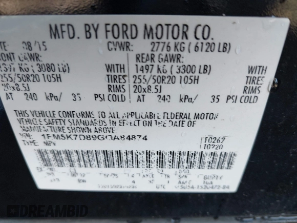2016 Ford Explorer XLT with VIN 1FM5K7D89GGA84874, listed as a IAAI auction lot 41612708 with 124,421 mi miles. Bid and sale history available at carsss.com. Image 9.