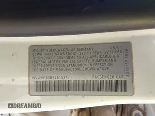 2002 Volkswagen Passat GLS z VIN WVWVD63B72E152471, wystawiony jako IAAI lot #42217216 z przebiegiem 181 633 mil mil oraz . Historia ofert i sprzedaży dostępna na DreamBid. Obrazek 9.