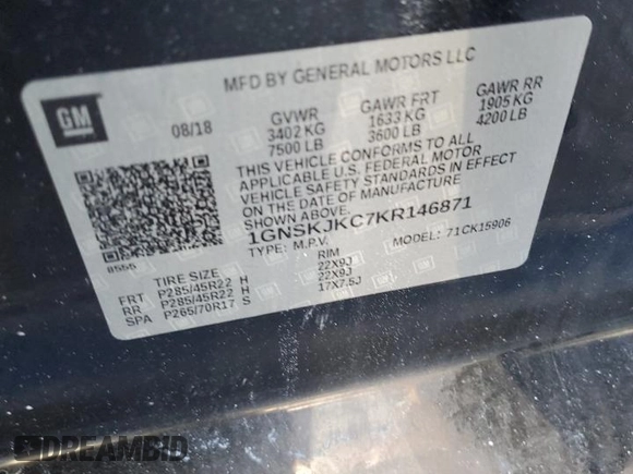 2019 Chevrolet Suburban Premier with VIN 1GNSKJKC7KR146871, listed as a Copart auction lot 43017234 with 96,965 mi miles and Salvage Title. Bid and sale history available at DreamBid. Image 13.