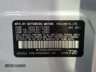 2022 Mitsubishi Mirage ES z VIN ML32AUHJ8NH002634, wystawiony jako Copart lot #56574815 z przebiegiem 15 036 mil mil oraz Nie do naprawy. Historia ofert i sprzedaży dostępna na DreamBid. Obrazek 12.