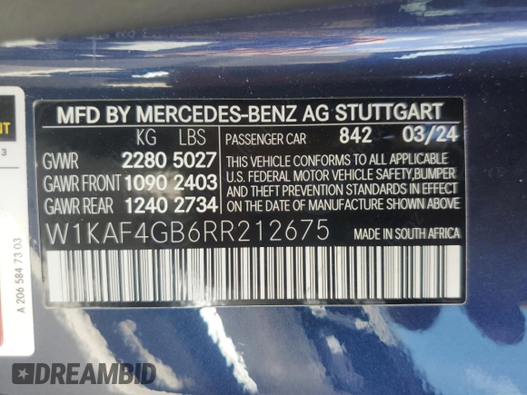 2024 Mercedes-Benz C 300 z VIN W1KAF4GB6RR212675, wystawiony jako Copart lot #51832285 z przebiegiem 6 333 mil mil oraz Szkoda całkowita • Salvage title. Historia ofert i sprzedaży dostępna na DreamBid. Obrazek 12.