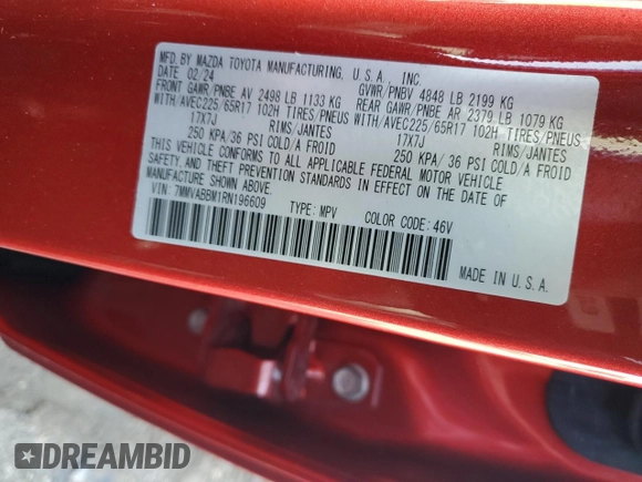 2024 Mazda CX-50 S Preferred with VIN 7MMVABBM1RN196609, listed as a Copart auction lot 61504195 with 24,269 mi miles and Salvage title. Bid and sale history available at DreamBid. Image 12.