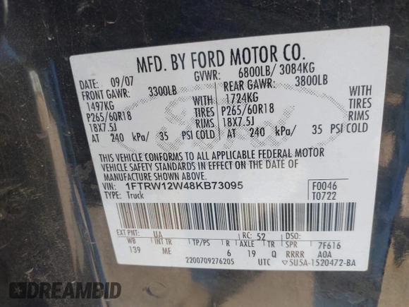 2008 Ford F-150 XL with VIN 1FTRW12W48KB73095, listed as a IAAI auction lot 41987719 with 325,045 mi miles and . Bid and sale history available at DreamBid. Image 9.