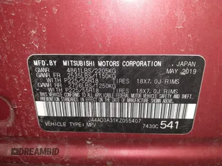 2019 Mitsubishi Outlander SE with VIN JA4AD3A31KZ055407, listed as a IAAI auction lot 41914632 with 78,628 mi miles and . Bid and sale history available at DreamBid. Image 9.