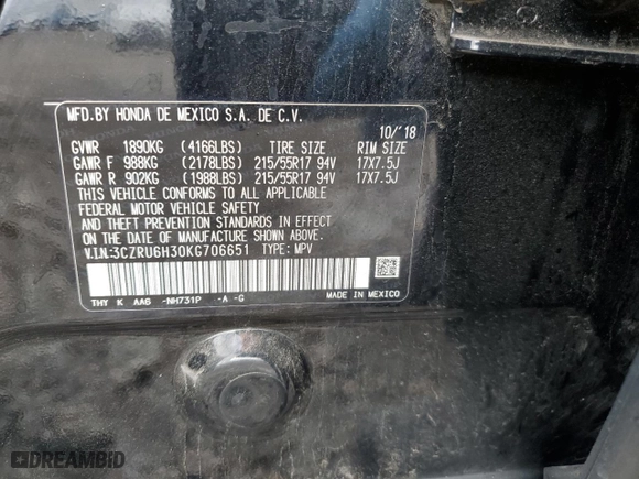 2019 Honda HR-V LX with VIN 3CZRU6H30KG706651, listed as a Copart auction lot 48322015 with 66,242 mi miles and Salvage Title. Bid and sale history available at carsss.com. Image 14.