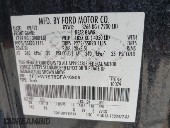2013 Ford F-150 XL with VIN 1FTFW1ET8DFA16905, listed as a IAAI auction lot 41970489 with 253,252 mi miles. Bid and sale history available at carsss.com. Image 9.