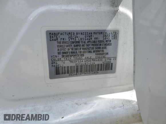 2017 Nissan Sentra S with VIN 3N1AB7AP9HY241806, listed as a Copart auction lot 58540785 with 125,028 mi miles and Salvage title. Bid and sale history available at DreamBid. Image 13.
