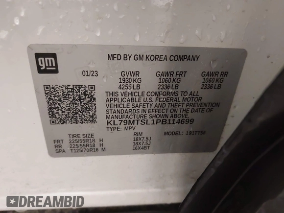2023 Chevrolet TrailBlazer RS with VIN KL79MTSL1PB114699, listed as a IAAI auction lot 41847894 with 21,284 mi miles and . Bid and sale history available at DreamBid. Image 9.