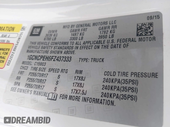2015 Chevrolet Silverado 1500 Work Truck with VIN 1GCNCPEH6FZ437333, listed as a IAAI auction lot 41866525 with 76,526 mi miles and . Bid and sale history available at DreamBid. Image 9.