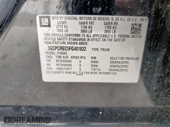2015 Chevrolet Silverado 1500 LT with VIN 3GCPCREC5FG401822, listed as a Copart auction lot 55336465 with 174,403 mi miles and Clean Title. Bid and sale history available at DreamBid. Image 12.