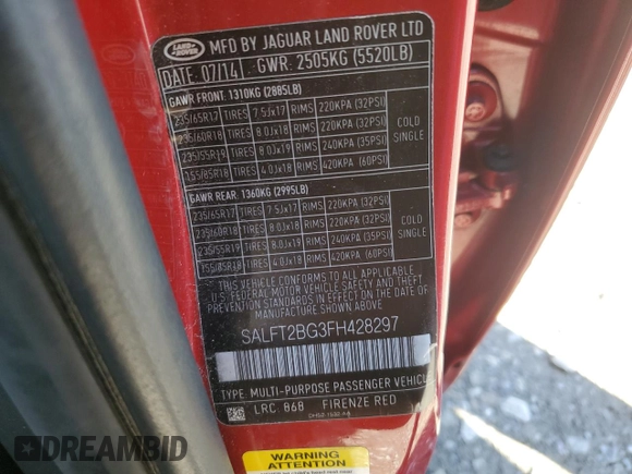 2015 Land Rover LR2 HSE Lux with VIN SALFT2BG3FH428297, listed as a Copart auction lot 59702614 with 99,540 mi miles and Salvage title. Bid and sale history available at DreamBid. Image 13.