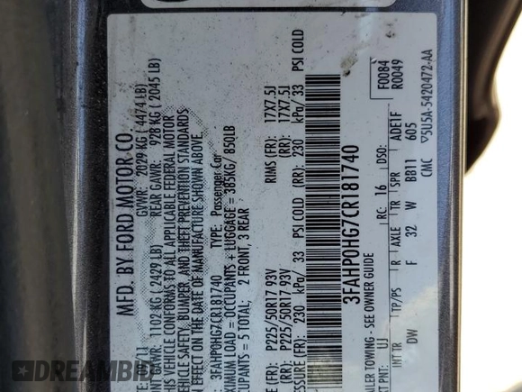 2012 Ford Fusion SE with VIN 3FAHP0HG7CR181740, listed as a Copart auction lot 65853665 with 159,798 mi miles and Clean title. Bid and sale history available at DreamBid. Image 12.