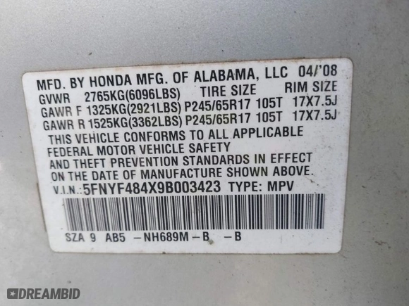 2009 Honda Pilot EX with VIN 5FNYF484X9B003423, listed as a IAAI auction lot 41650900 with 143,579 mi miles. Bid and sale history available at carsss.com. Image 9.
