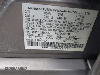 2006 Nissan Altima SL z VIN 1N4BL11D96C251717, wystawiony jako IAAI lot #41566215 z przebiegiem 189 431 mil mil oraz . Historia ofert i sprzedaży dostępna na DreamBid. Obrazek 9.