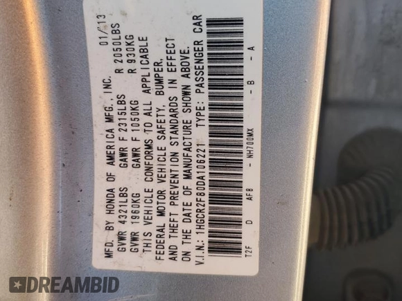2013 Honda Accord EX-L with VIN 1HGCR2F80DA106221, listed as a Copart auction lot 47129185 with 222,989 mi miles and Clean Title. Bid and sale history available at DreamBid. Image 12.