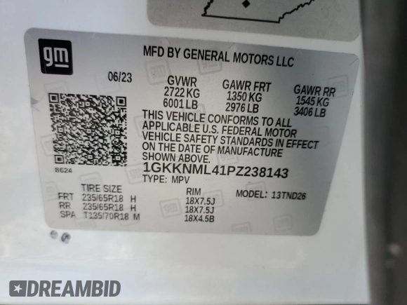 2023 GMC Acadia SLT with VIN 1GKKNML41PZ238143, listed as a Copart auction lot 50962695 with 44,243 mi miles and Salvage Title. Bid and sale history available at DreamBid. Image 15.