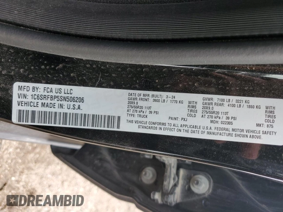 2025 Ram 1500 with VIN 1C6SRFBP5SN506206, listed as a Copart auction lot 55414155 with 5,892 mi miles and Salvage title. Bid and sale history available at DreamBid. Image 12.