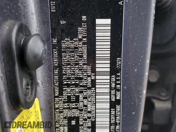 2012 Toyota Venza LE with VIN 4T3ZA3BB7CU056294, listed as a Copart auction lot 42303365 with 216,468 mi miles and Salvage title. Bid and sale history available at DreamBid. Image 13.