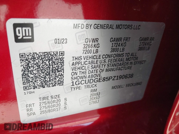 2023 Chevrolet Silverado 1500 LTZ with VIN 1GCUDGE85PZ190638, listed as a IAAI auction lot 41829532 with 15,418 mi miles and . Bid and sale history available at DreamBid. Image 9.
