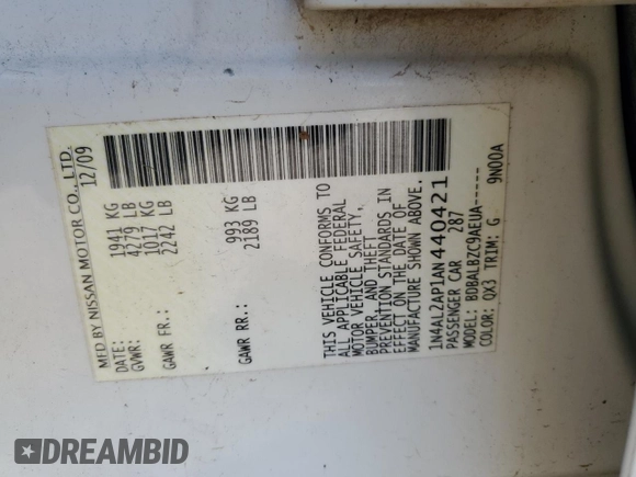 2010 Nissan Altima S z VIN 1N4AL2AP1AN440421, wystawiony jako Copart lot #56064625 z przebiegiem 223 322 mil mil oraz Szkoda całkowita • Salvage title. Historia ofert i sprzedaży dostępna na DreamBid. Obrazek 12.