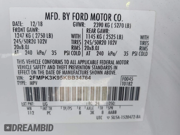 2019 Ford Edge Titanium with VIN 2FMPK3K95KBB34764, listed as a IAAI auction lot 42719541 with 128,028 mi miles and . Bid and sale history available at DreamBid. Image 9.