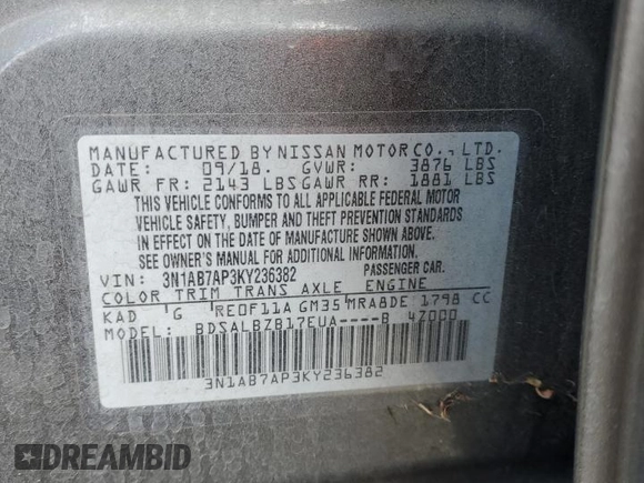 2019 Nissan Sentra S with VIN 3N1AB7AP3KY236382, listed as a Copart auction lot 50980355 with 48,479 mi miles and Salvage Title. Bid and sale history available at carsss.com. Image 12.