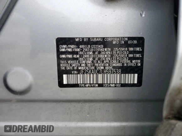 2020 Subaru Forester Limited with VIN JF2SKAUC7LH597538, listed as a Copart auction lot 50165175 with 48,639 mi miles and Salvage Title. Bid and sale history available at carsss.com. Image 13.