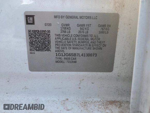 2020 Chevrolet Sonic LT z VIN 1G1JG6SB7L4130073, wystawiony jako Copart lot #85119684 z przebiegiem 55 738 mil mil oraz Szkoda całkowita • Salvage title. Historia ofert i sprzedaży dostępna na DreamBid. Obrazek 14.