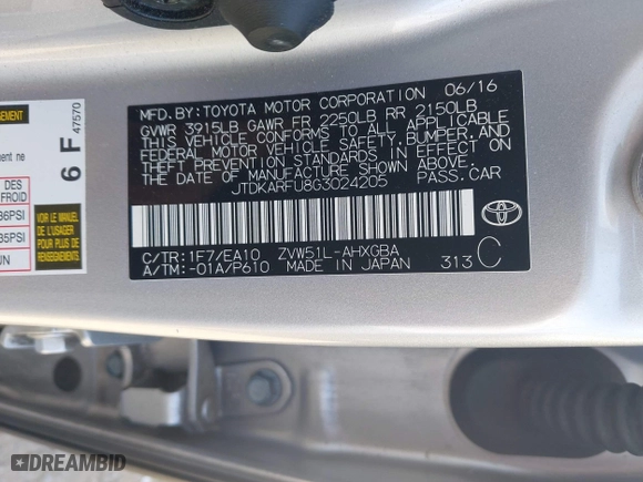2016 Toyota Prius Four with VIN JTDKARFU8G3024205, listed as a IAAI auction lot 42052173 with 66,737 mi miles. Bid and sale history available at carsss.com. Image 9.