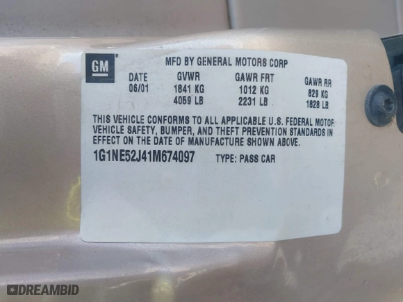 2001 Chevrolet Malibu LS with VIN 1G1NE52J41M674097, listed as a IAAI auction lot 41742386 with 44,514 mi miles. Bid and sale history available at carsss.com. Image 9.