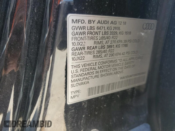2019 Audi Q8 Premium Plus with VIN WA1EVAF19KD020962, listed as a Copart auction lot 57027725 with 133,995 mi miles and Salvage title. Bid and sale history available at DreamBid. Image 14.