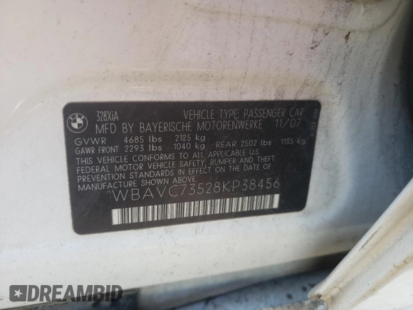 2008 BMW 3 Series 328xi with VIN WBAVC73528KP38456, listed as a Copart auction lot 54855785 with 267,668 mi miles and Clean title. Bid and sale history available at DreamBid. Image 12.