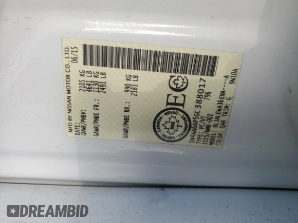 2016 Nissan Maxima SR with VIN 1N4AA6AP5GC388017, listed as a Copart auction lot 58316845 with 150,857 mi miles and Salvage title. Bid and sale history available at DreamBid. Image 12.