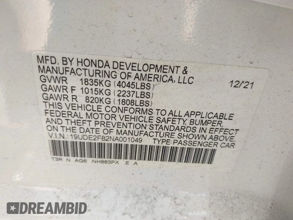 2022 Acura ILX Premium with VIN 19UDE2F82NA001049, listed as a IAAI auction lot 42278019 with 30,804 mi miles and . Bid and sale history available at DreamBid. Image 9.