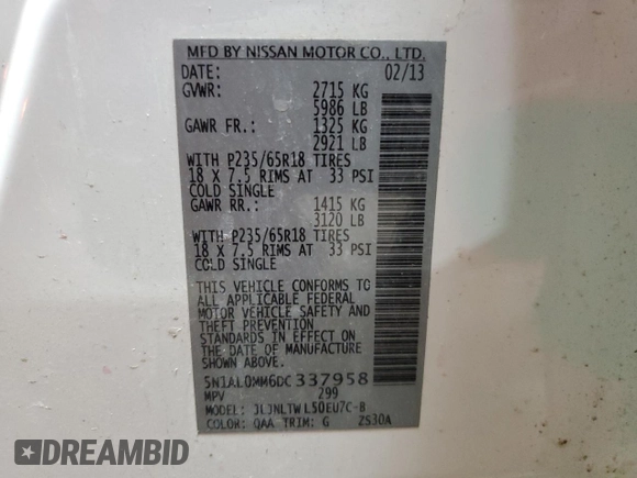 2013 Infiniti JX35 with VIN 5N1AL0MM6DC337958, listed as a Copart auction lot 54516625 with 148,614 mi miles and Salvage Title. Bid and sale history available at DreamBid. Image 14.