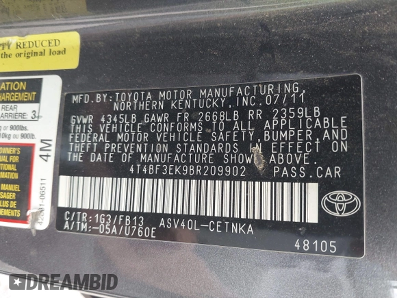 2011 Toyota Camry LE z VIN 4T4BF3EK9BR209902, wystawiony jako IAAI lot #42350093 z przebiegiem 294 183 mil mil oraz . Historia ofert i sprzedaży dostępna na DreamBid. Obrazek 9.
