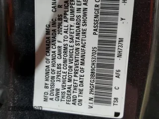 2012 Honda Civic Cpe EX with VIN 2HGFG3B89CH537025, listed as a Copart auction lot 42178925 with 126,488 mi miles and Salvage Title. Bid and sale history available at carsss.com. Image 12.