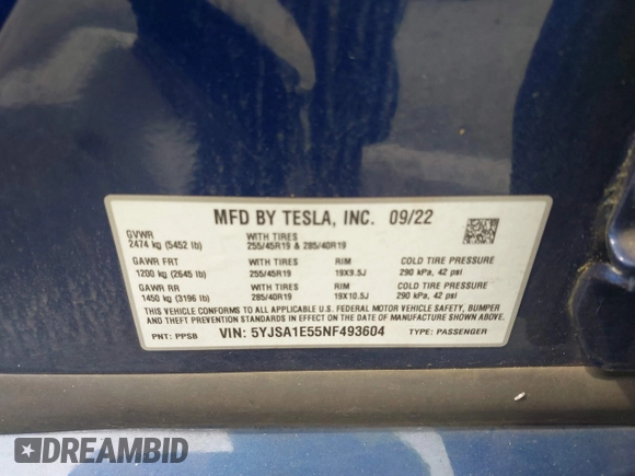 2022 Tesla Model S z VIN 5YJSA1E55NF493604, wystawiony jako IAAI lot #42503731 z przebiegiem 37 961 mil mil oraz . Historia ofert i sprzedaży dostępna na DreamBid. Obrazek 9.