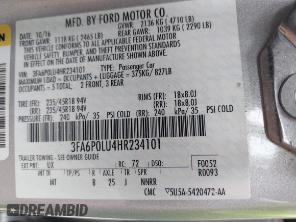 2017 Ford Fusion Hybrid SE with VIN 3FA6P0LU4HR234101, listed as a IAAI auction lot 42579447 with 169,273 mi miles and . Bid and sale history available at DreamBid. Image 9.