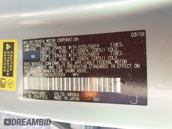 2010 Lexus RX 450h with VIN JTJBC1BA2A2023004, listed as a IAAI auction lot 41971068 with 149,338 mi miles and . Bid and sale history available at DreamBid. Image 9.