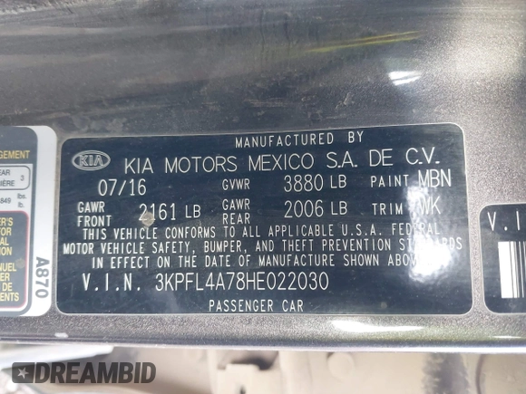 2017 Kia Forte LX with VIN 3KPFL4A78HE022030, listed as a IAAI auction lot 41129136 with 115,820 mi miles. Bid and sale history available at carsss.com. Image 9.