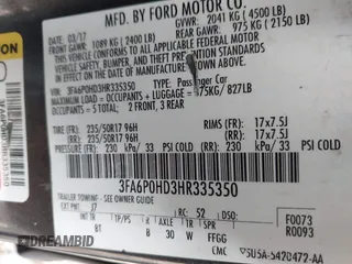 2017 Ford Fusion SE with VIN 3FA6P0HD3HR335350, listed as a IAAI auction lot 42201095 with 165,101 mi miles and . Bid and sale history available at DreamBid. Image 9.