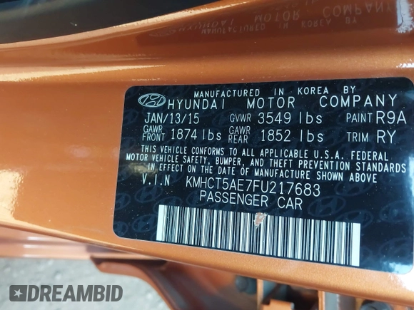 2015 Hyundai Accent GS with VIN KMHCT5AE7FU217683, listed as a IAAI auction lot 41946043 with 110,409 mi miles. Bid and sale history available at carsss.com. Image 9.
