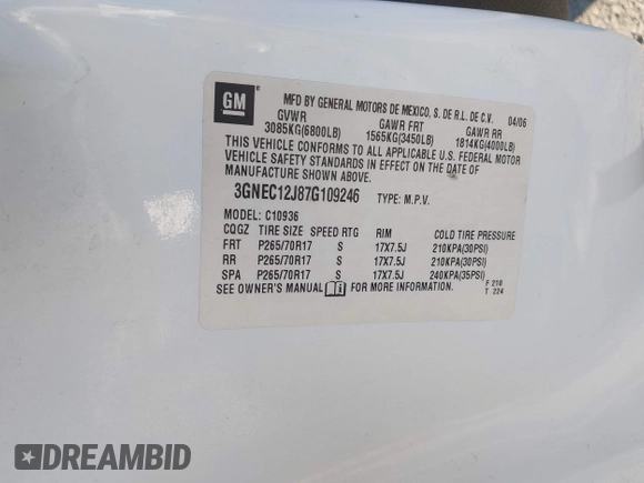 2007 Chevrolet Avalanche LTZ with VIN 3GNEC12J87G109246, listed as a IAAI auction lot 41989146 with 171,005 mi miles and . Bid and sale history available at DreamBid. Image 9.
