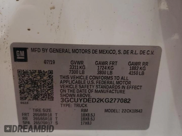 2019 Chevrolet Silverado 1500 LT with VIN 3GCUYDED2KG277082, listed as a Copart auction lot 41856025 with 94,106 mi miles and Salvage Title. Bid and sale history available at carsss.com. Image 12.