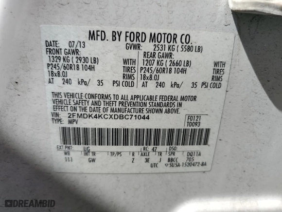 2013 Ford Edge Limited with VIN 2FMDK4KCXDBC71044, listed as a Copart auction lot 53191555 with 135,541 mi miles and Clean Title. Bid and sale history available at carsss.com. Image 13.