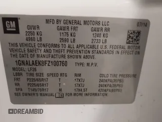 2015 Chevrolet Equinox LS with VIN 1GNALAEK8FZ100760, listed as a IAAI auction lot 41655612 with 97,550 mi miles and . Bid and sale history available at DreamBid. Image 9.