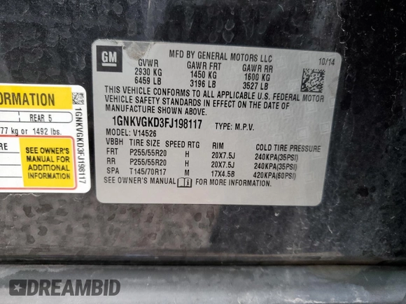 2015 Chevrolet Traverse LT with VIN 1GNKVGKD3FJ198117, listed as a Copart auction lot 52818835 with 126,604 mi miles and Salvage Title. Bid and sale history available at DreamBid. Image 13.