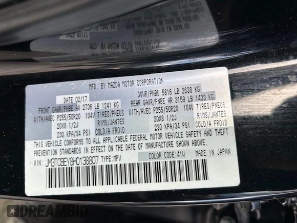 2017 Mazda CX-9 Signature z VIN JM3TCBEY8H0138807, wystawiony jako Copart lot #65293795 z przebiegiem 78 585 mil mil oraz Czysty tytuł • Clean title. Historia ofert i sprzedaży dostępna na DreamBid. Obrazek 10.