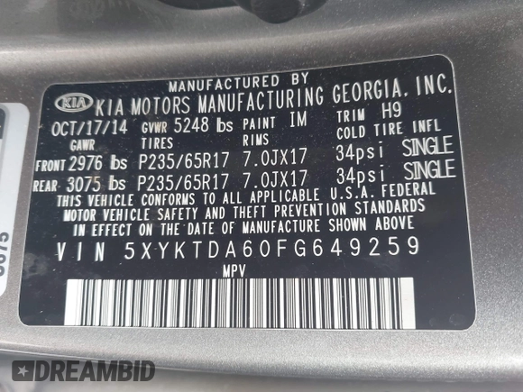 2015 Kia Sorento LX with VIN 5XYKTDA60FG649259, listed as a IAAI auction lot 41935821 with 161,046 mi miles and . Bid and sale history available at DreamBid. Image 9.